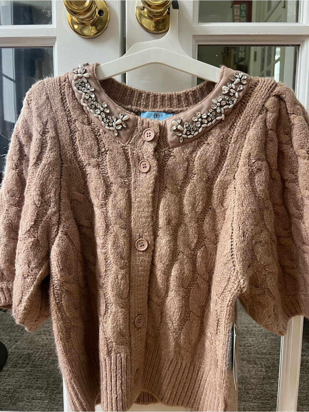 CeCe Cable-Knit Short Sleeve Cardigan with Jeweled Collar - Medium -Burnt Camel